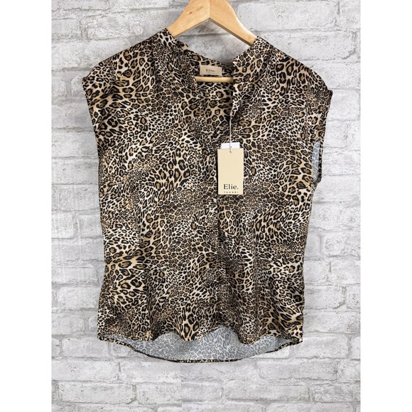 New Elie Tahari Blouse XS Cap Sleeves Button Up Office‎ Layering Animal Print - Picture 1 of 15